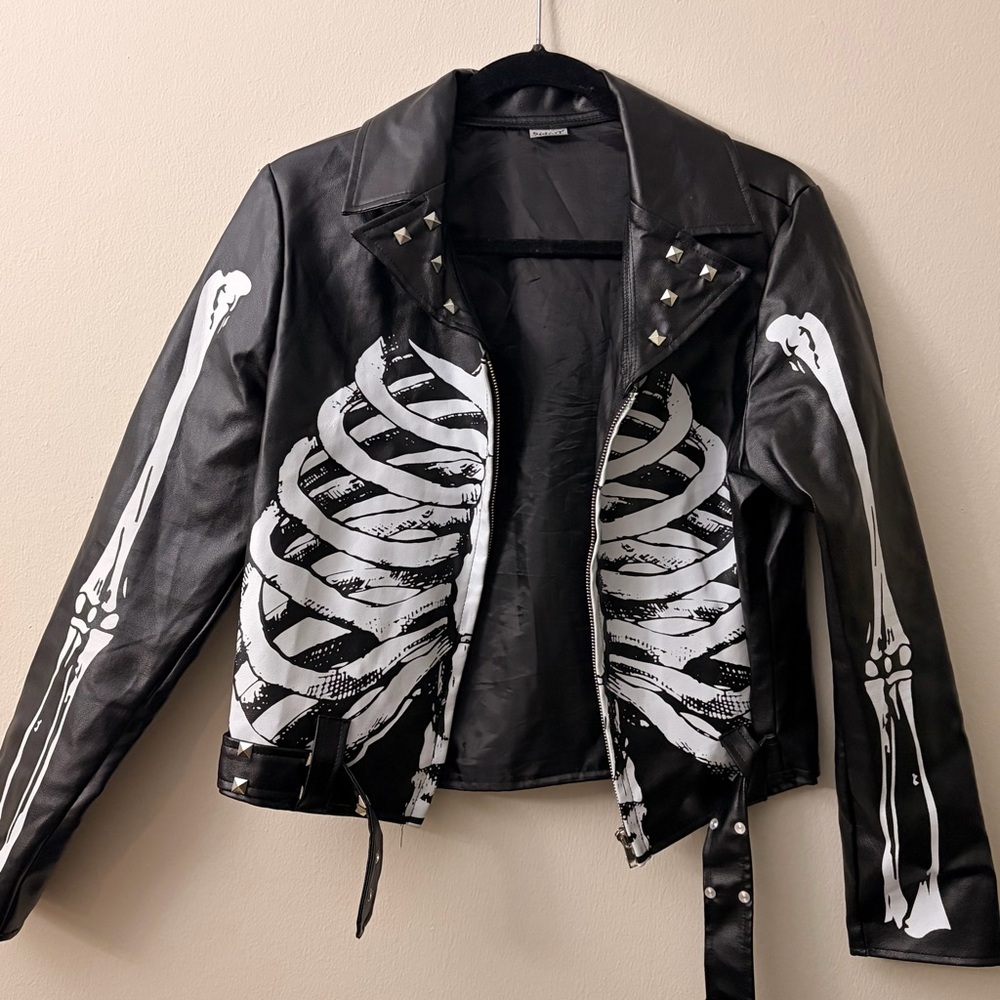 Spirit Black Leather Jacket with Skeleton Design